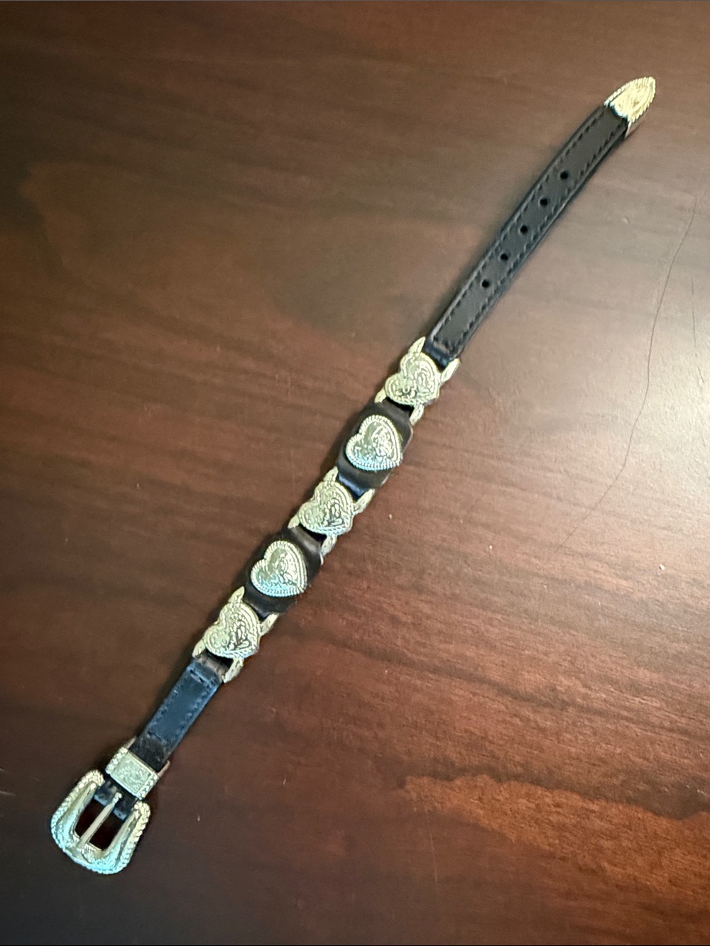 Black Leather Western-Style Belt Bracelet with Gold Tone Heart Accents